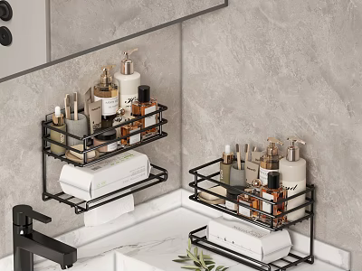 Bathroom Daily Washing Supplies Organizer On Wall Mounted Black Metal Shelf With White Countertop 3d model