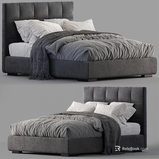 Modern Double Bed With Gray Upholstered Headboard Throw Blanket And Soft Pillows 3d model 