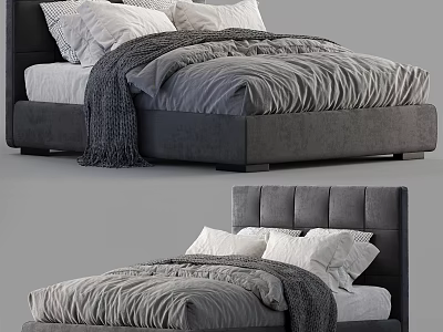 Modern Double Bed With Gray Upholstered Headboard Throw Blanket And Soft Pillows 3d model