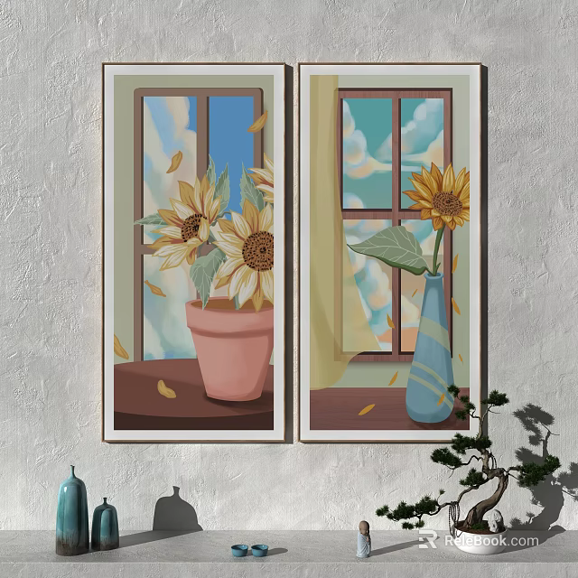 Two Sunflower Paintings With Window Background Pink Pot Blue Vase And Falling Leaves 3d model 