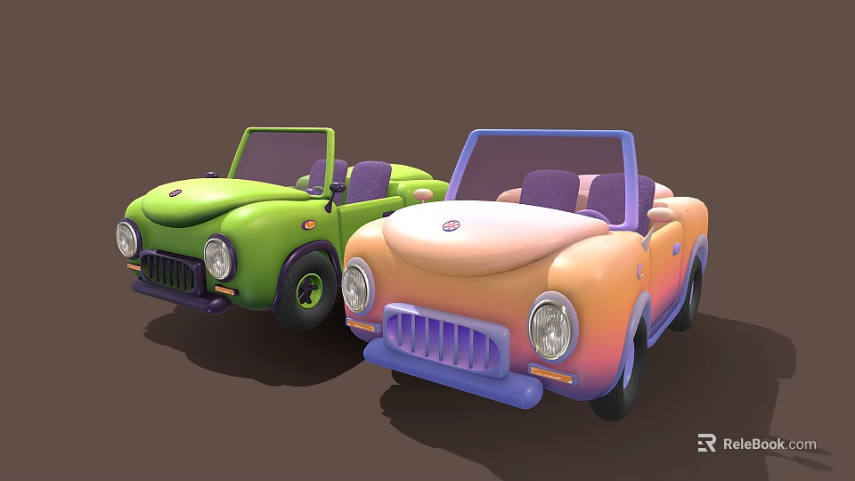 Cartoon Style Convertible Cars With Green And Pink Orange Gradient Bodies And Purple Seats 3d model 