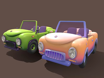 Cartoon Style Convertible Cars With Green And Pink Orange Gradient Bodies And Purple Seats 3d model