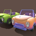 Cartoon Style Convertible Cars With Green And Pink Orange Gradient Bodies And Purple Seats