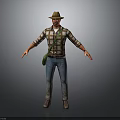 Man In Plaid Shirt With Green Bag Jeans And Brown Shoes Standing With Outstretched Arms
