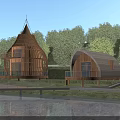 Two Unique Wooden Houses With Pointed And Curved Roofs Terrace Near Lake Surrounded By Trees