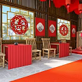 Cultural Center Interior With Red Lanterns Red Carpet Chinese Shou Longevity Character Decorations