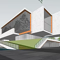Modern Sales Office Building Exterior With Large Glass Facade Geometric Structure Green Lawn And Waterfront