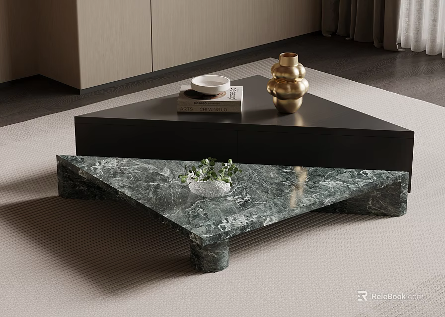 Green Marble Coffee Table With Black Top Gold Vase Books White Bowl Green Plant 3d model 