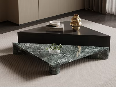 Green Marble Coffee Table With Black Top Gold Vase Books White Bowl Green Plant 3d model
