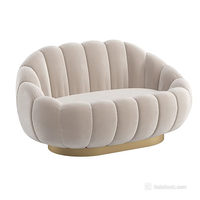 Luxury Modern Beige Shell Shaped Sofa With Pleated Design And Gold Base 3d model 