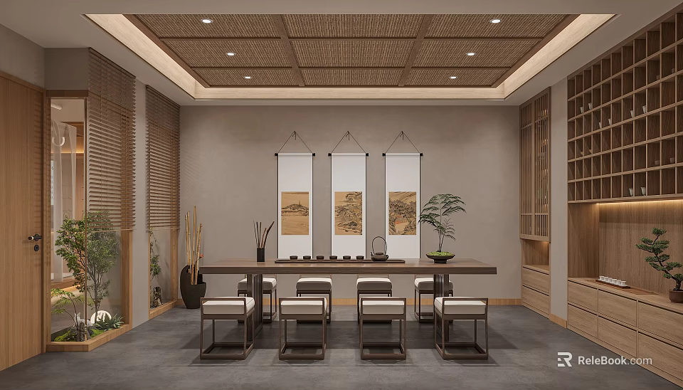 Traditional Chinese Tea Room Interior With Scrolls And Plants 3d model