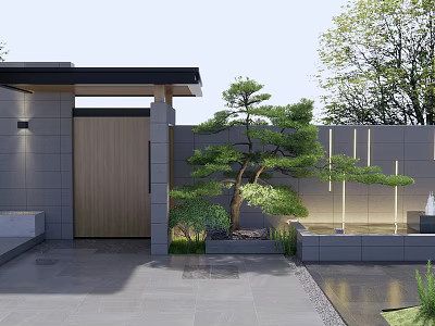 Modern Entrance Gate Design With Wooden Panel Gray Wall Pine Tree And Water Feature 3d model