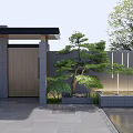 Modern Entrance Gate Design With Wooden Panel Gray Wall Pine Tree And Water Feature