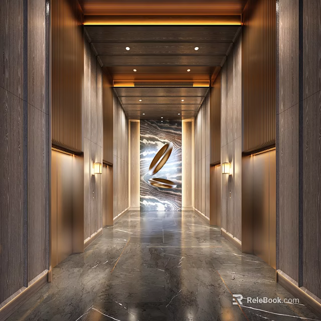 Modern Elevator Lobby With Luxurious Wall Panels And Art Installation 3d model 