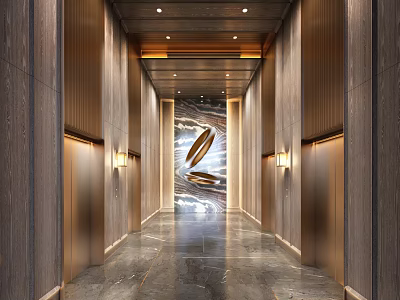 Modern Elevator Lobby With Luxurious Wall Panels And Art Installation 3d model