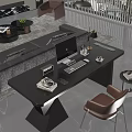Modern Sleek Black Home Office Desk And Brown Leather Chair Set For Comfortable Daily Work