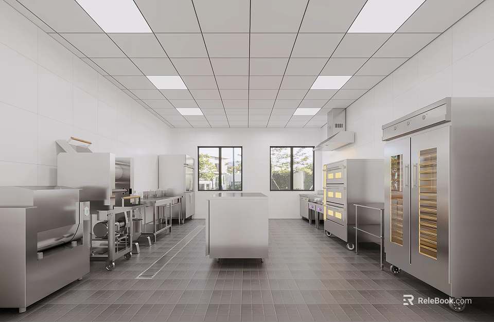 Commercial Kitchen With Stainless Steel Equipment White Walls Ceiling Lights Windows And Central Workbench 3d model 