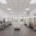 Commercial Kitchen With Stainless Steel Equipment White Walls Ceiling Lights Windows And Central Workbench