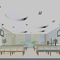 Bright Hospital Waiting Area Interior With Circular Ceiling Lights Benches TV Screens And Plants