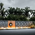 Modern Garden Feature Wall With Stone Panels Circular Decor Lighting And Palm Tree Greenery