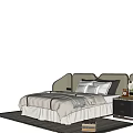 Elegant Double Bed With Upholstered Headboard Beige Bedding Gray Throw Nightstand And Geometric Rug