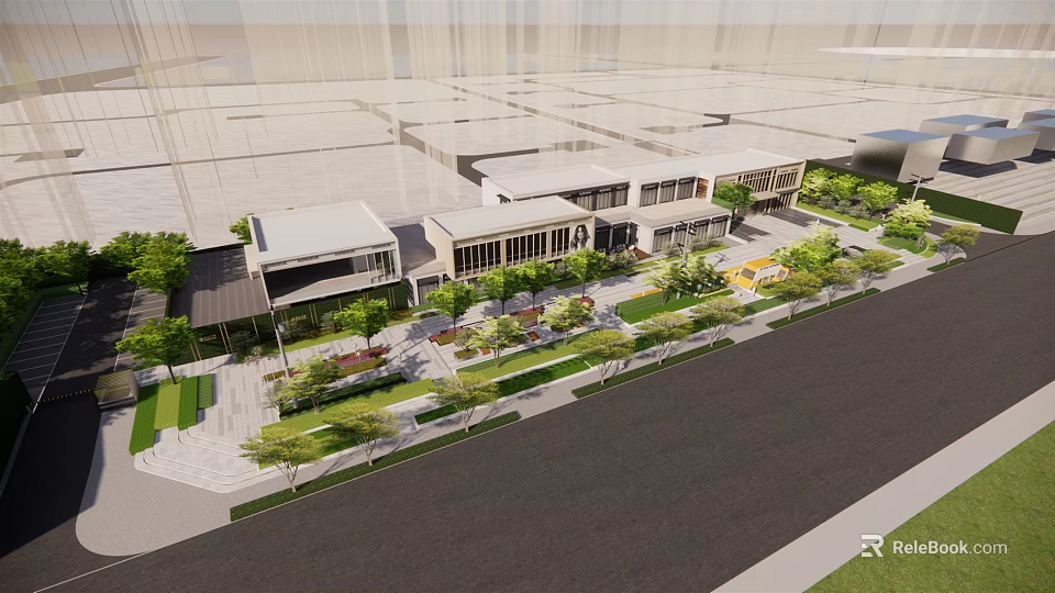Modern Commercial Street Featuring Modern Buildings Greenery Pedestrian Areas And Shops 3d model 