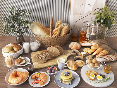 Assorted Breakfast Pastries Breads in Wicker Basket Wooden Board with Fresh Fruits Pancakes Eggs 3d model