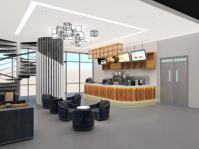 Modern Bubble Tea Shop Interior With Wooden Counter Seating Area Pendant Lights And Digital Screens 3d model