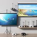 Complete Indoor Projection Surveillance Setup With Projector Screen And Monitoring Equipment