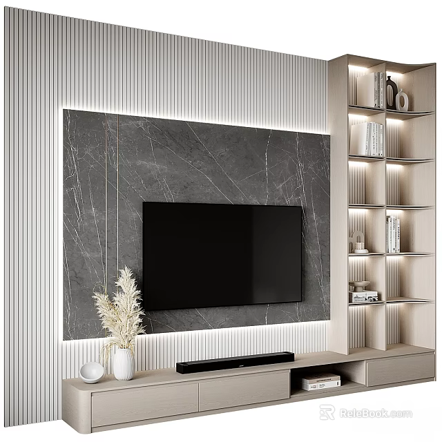 Modern TV Wall with Marble Texture Light Strips and Side Bookshelves 3d model