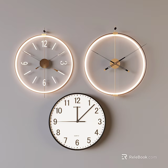 Three Modern Wall Clocks With Illuminated Circular Design And Traditional Numeric Face 3d model 