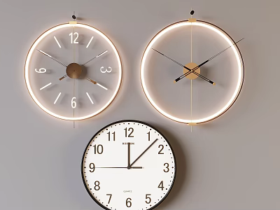 Three Modern Wall Clocks With Illuminated Circular Design And Traditional Numeric Face 3d model