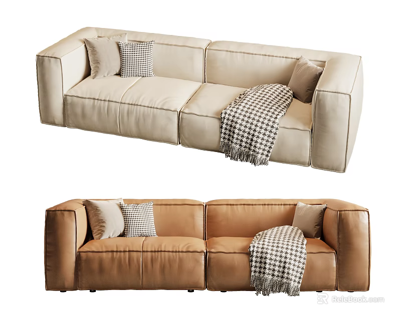 Beige And Brown Leather Multi Seat Sofas With Plaid Blanket And Pillows 3d model 