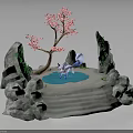 White Fox By Blue Pond With Pink Cherry Blossom Tree Stone Rockery And Green Vines