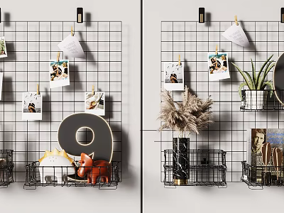 Grid Photo Wall Decor With Hanging Photos Clothespins And Decorative Ornaments 3d model