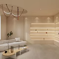 Modern Hair And Beauty Salon Interior With Bar Counter Green Wall White Shelves And Lighting