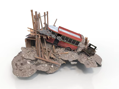 Ruin Style Wreckage Rubble Pile Vehicle Military Vehicle Building Fragment Concrete Fragment Timber Fragment City Ruins Destruction Site 3d model