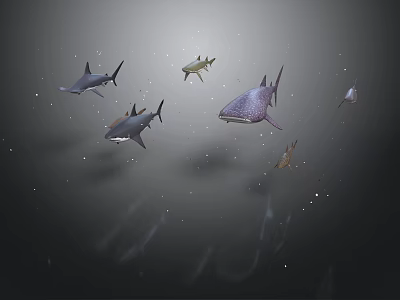 Sharks Swimming In Dark Underwater Environment With Light Spots And Particles 3d model