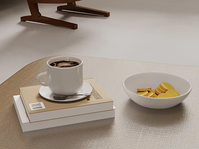 White Coffee Cup On Stacked Books With White Bowl Of Yellow Cookies 3d model