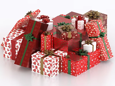 Decorative Ornament Set With Red White Gift Boxes Green Bows And Festive Patterns 3d model