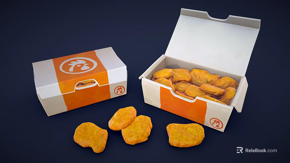 Fried Chicken Pieces in Open White and Orange Box with Closed Box and Scattered Pieces 3d model 