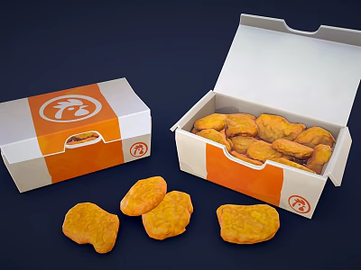 Fried Chicken Pieces in Open White and Orange Box with Closed Box and Scattered Pieces 3d model