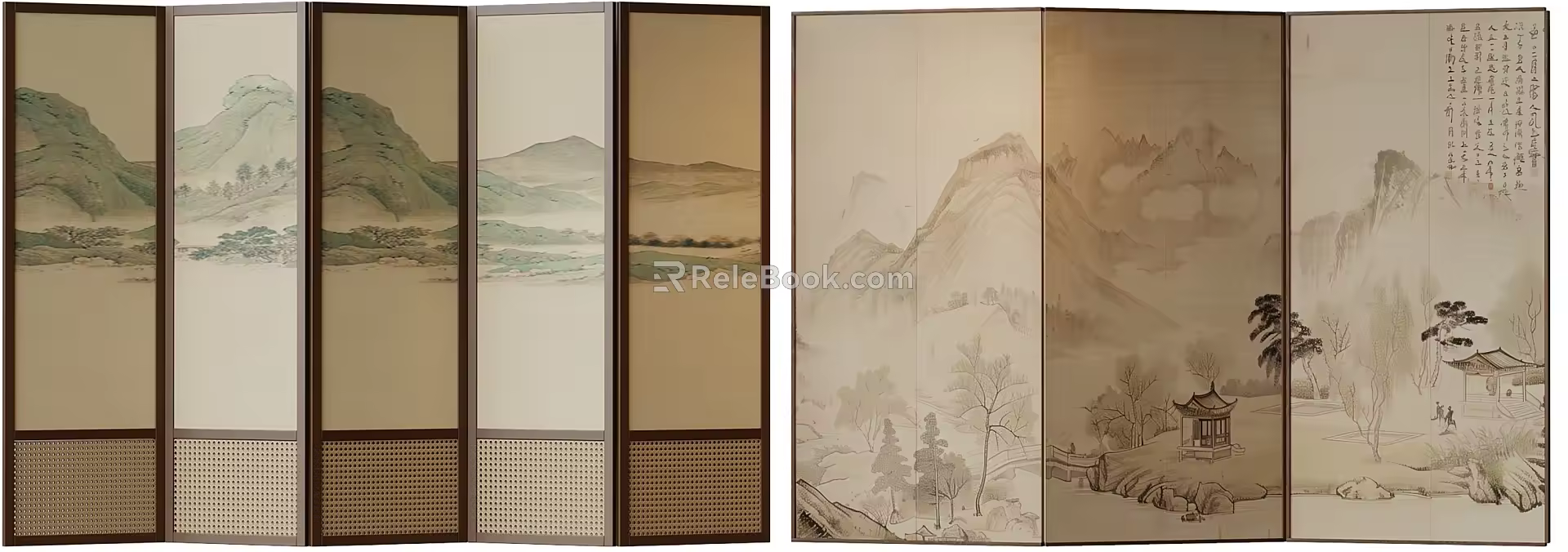 New Chinese Style Screen Partition Folding Screen Decorative Painting Wallpaper Silent Wind Screen Rattan Screen 3d model