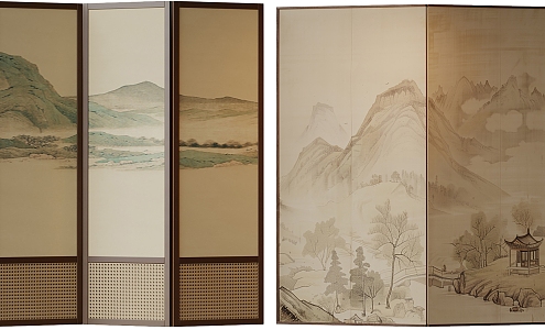 New Chinese Style Screen Partition Folding Screen Decorative Painting Wallpaper Silent Wind Screen Rattan Screen 3d model