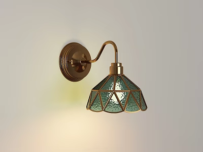 Vintage Style Brass Wall Lamp With Green Stained Glass Geometric Pattern Shade 3d model