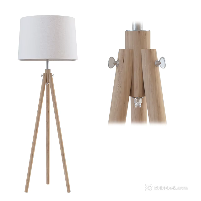 Modern Wooden Tripod Floor Lamp With White Fabric Shade And Metal Accents 3d model 