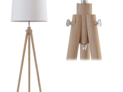 Modern Wooden Tripod Floor Lamp With White Fabric Shade And Metal Accents 3d model