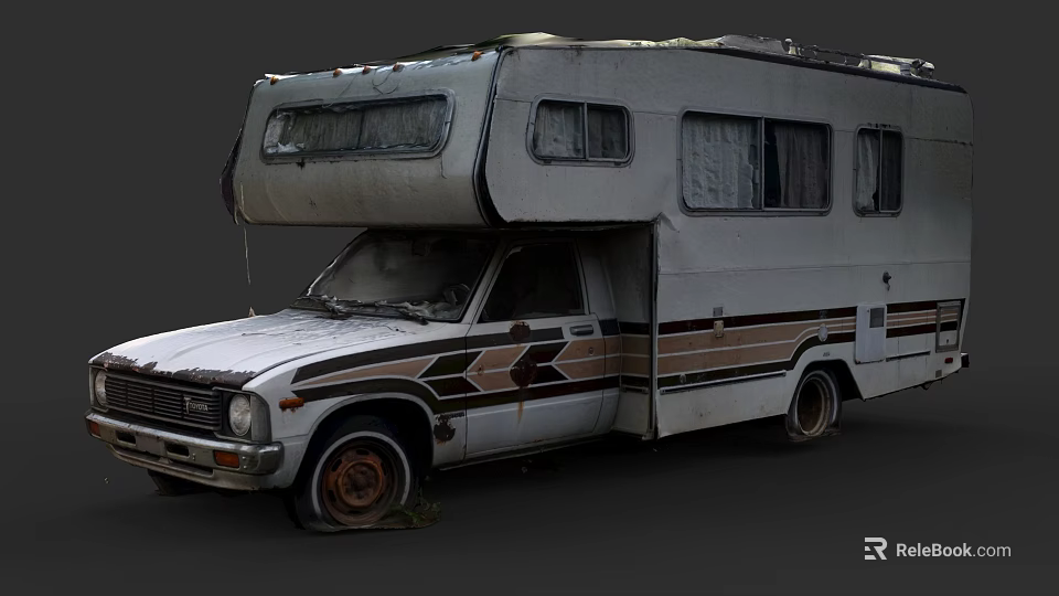 Old Worn Out Camper Van With White Brown Stripes Rusty Tires And Raised Roof Section 3d model 