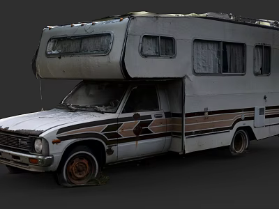 Old Worn Out Camper Van With White Brown Stripes Rusty Tires And Raised Roof Section 3d model