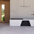 Modern Minimalist Reception Desk With Marble Countertop Wooden Wall And Hanging Lighting Fixture